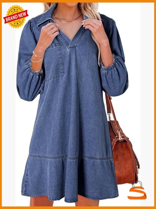 Dresses & Skirts - Collared V Neck Denim Dress 3/4 Sleeve Casual Loose Babydoll Short Jean Dress